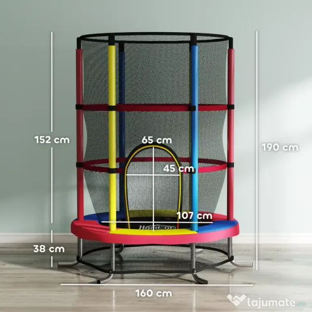 HOMCOM Trambulină pentru Copii 3-6 Ani cu Plasă de Siguranță, fără Arcuri, Ø160x190 cm, Multicoloră