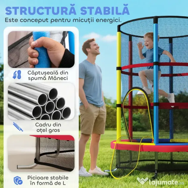 HOMCOM Trambulină pentru Copii 3-6 Ani cu Plasă de Siguranță, fără Arcuri, Ø160x190 cm, Multicoloră