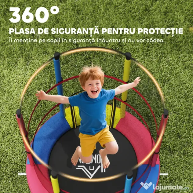 HOMCOM Trambulină pentru Copii 3-6 Ani cu Plasă de Siguranță, fără Arcuri, Ø160x190 cm, Multicoloră