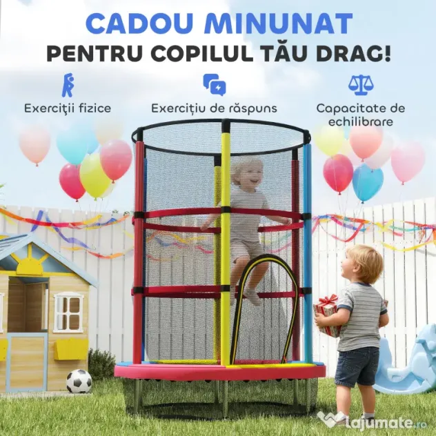 HOMCOM Trambulină pentru Copii 3-6 Ani cu Plasă de Siguranță, fără Arcuri, Ø160x190 cm, Multicoloră