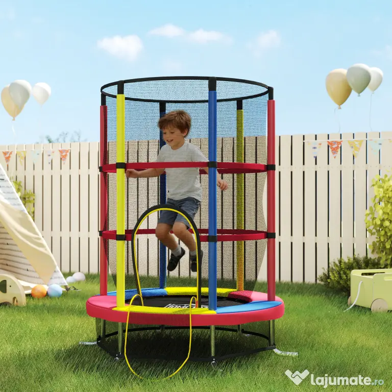 HOMCOM Trambulină pentru Copii 3-6 Ani cu Plasă de Siguranță, Fără Arcuri, Picioare în L, pentru Interior și Exterior, Ø160x190 cm, Multicolor | Aosom Romania