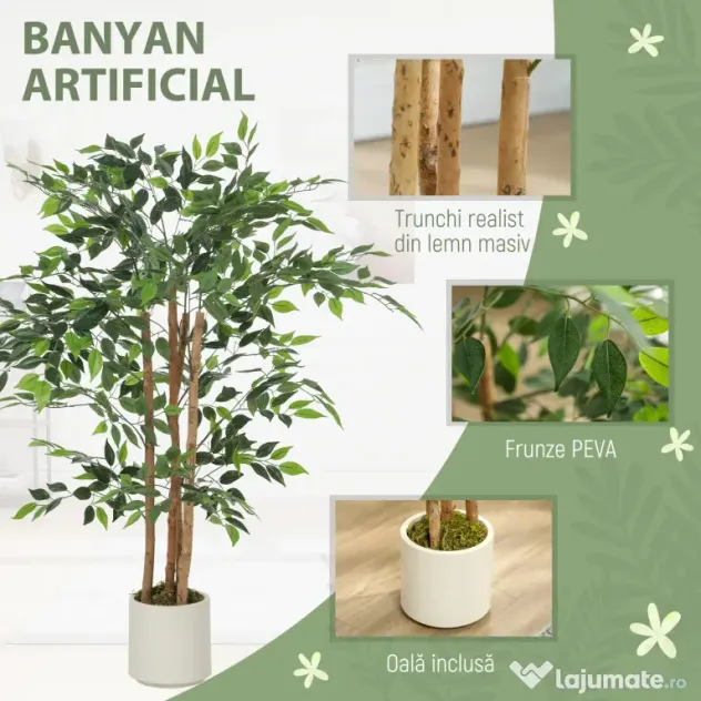 HOMCOM Copac Artificial de 120 cm, Plantă Decorativă cu Trunchi Solid din Lemn și Ghiveci pentru Interior, Verde
