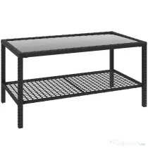 Outsunny Măsuță de Cafea din Ratan pe 2 Niveluri cu Raft, Blat din Sticlă Securizată, Măsuță de Exterior cu Cadru din Oțel, 92x50x45 cm, Negru | Aosom Romania