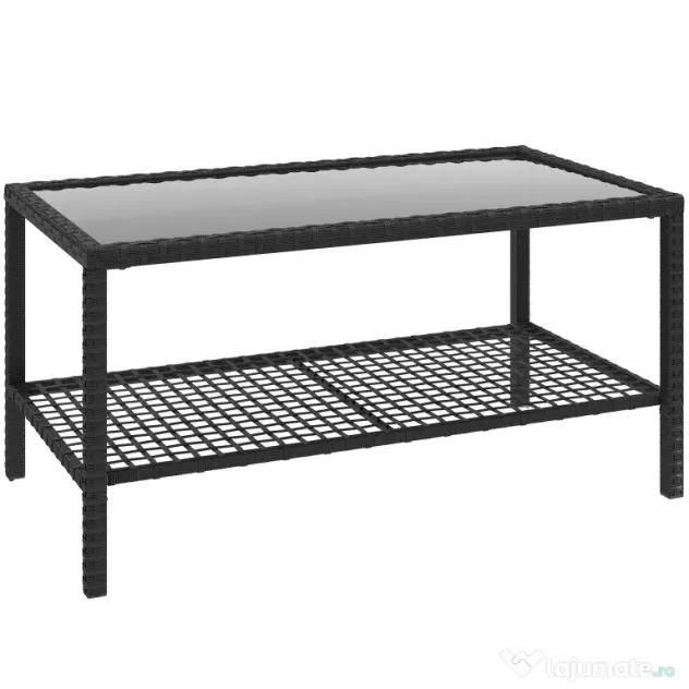 Outsunny Măsuță de Cafea din Ratan pe 2 Niveluri cu Raft, Blat din Sticlă Securizată, Măsuță de Exterior cu Cadru din Oțel, 92x50x45 cm, Negru | Aosom Romania