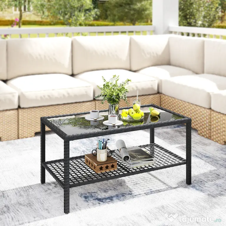 Outsunny Măsuță de Cafea din Ratan pe 2 Niveluri cu Raft, Blat din Sticlă Securizată, Măsuță de Exterior cu Cadru din Oțel, 92x50x45 cm, Negru | Aosom Romania