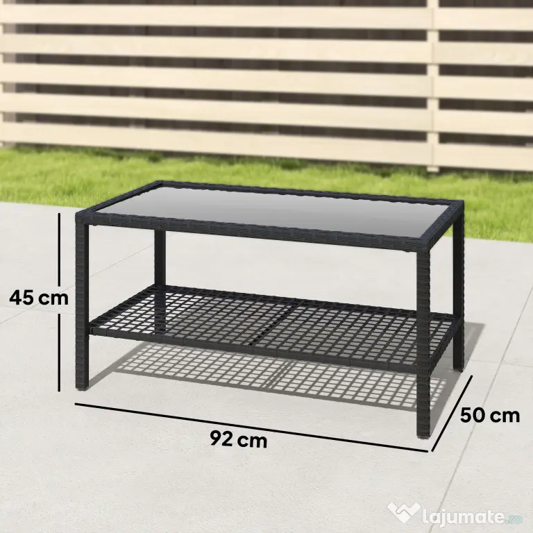 Outsunny Măsuță de Cafea din Ratan pe 2 Niveluri cu Raft, Blat din Sticlă Securizată, Măsuță de Exterior cu Cadru din Oțel, 92x50x45 cm, Negru | Aosom Romania