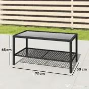 Outsunny Măsuță de Cafea din Ratan pe 2 Niveluri cu Raft, Blat din Sticlă Securizată, Măsuță de Exterior cu Cadru din Oțel, 92x50x45 cm, Negru | Aosom Romania 