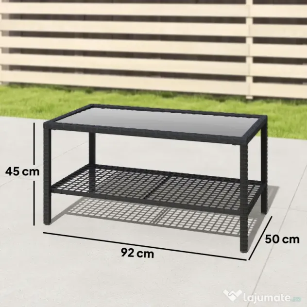 Outsunny Măsuță de Cafea din Ratan pe 2 Niveluri cu Raft, Blat din Sticlă Securizată, Măsuță de Exterior cu Cadru din Oțel, 92x50x45 cm, Negru | Aosom Romania