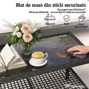 Outsunny Măsuță de Cafea din Ratan pe 2 Niveluri cu Raft, Blat din Sticlă Securizată, Măsuță de Exterior cu Cadru din Oțel, 92x50x45 cm, Negru | Aosom Romania 