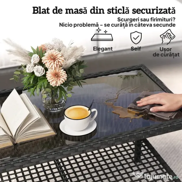 Outsunny Măsuță de Cafea din Ratan pe 2 Niveluri cu Raft, Blat din Sticlă Securizată, Măsuță de Exterior cu Cadru din Oțel, 92x50x45 cm, Negru | Aosom Romania