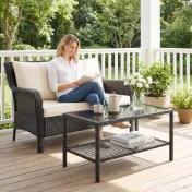 Outsunny Măsuță de Cafea din Ratan pe 2 Niveluri cu Raft, Blat din Sticlă Securizată, Măsuță de Exterior cu Cadru din Oțel, 92x50x45 cm, Negru | Aosom Romania 