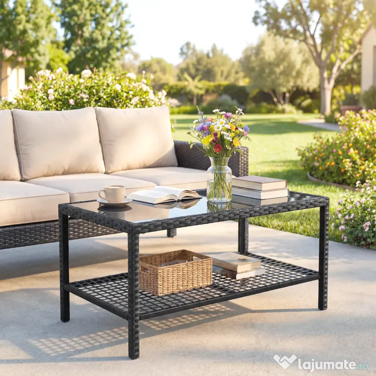 Outsunny Măsuță de Cafea din Ratan pe 2 Niveluri cu Raft, Blat din Sticlă Securizată, Măsuță de Exterior cu Cadru din Oțel, 92x50x45 cm, Negru | Aosom Romania