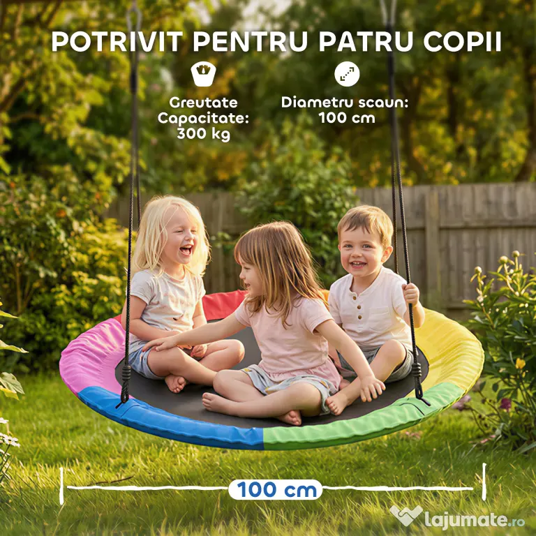 AIYAPLAY Leagăn Tip Cuib pentru Copii Ø100 cm, Leagăn de Copac cu Corzi Reglabile și Curele, Joc de Exterior pentru Copii 3-8 Ani, Capacitate 300 kg, Multicolor | Aosom Romania