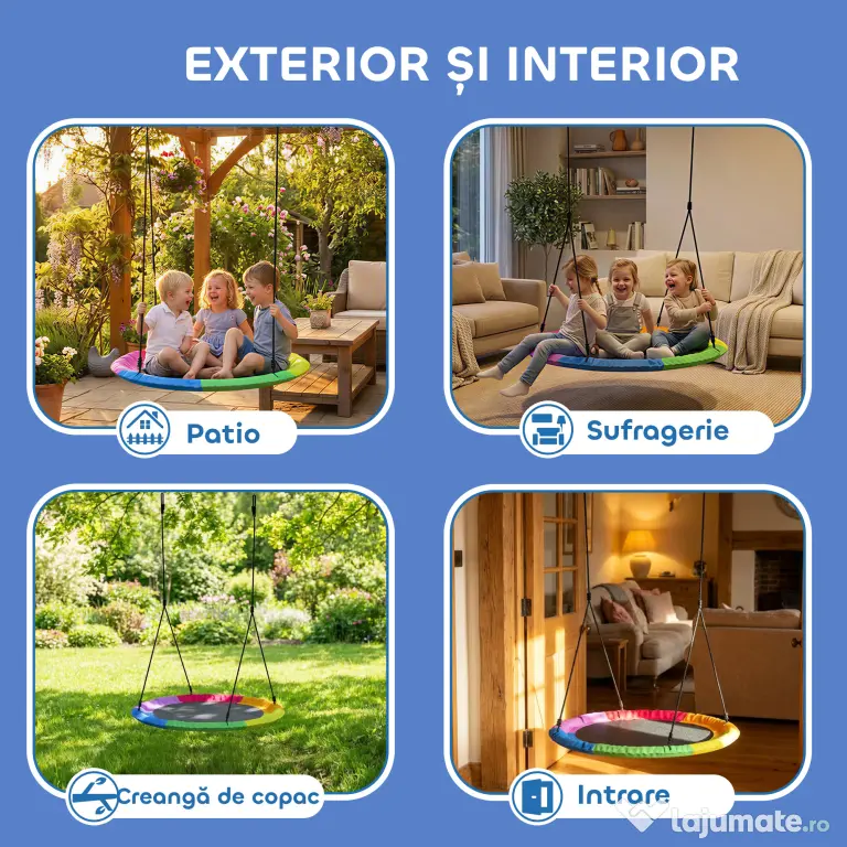 AIYAPLAY Leagăn Tip Cuib pentru Copii Ø100 cm, Leagăn de Copac cu Corzi Reglabile și Curele, Joc de Exterior pentru Copii 3-8 Ani, Capacitate 300 kg, Multicolor | Aosom Romania