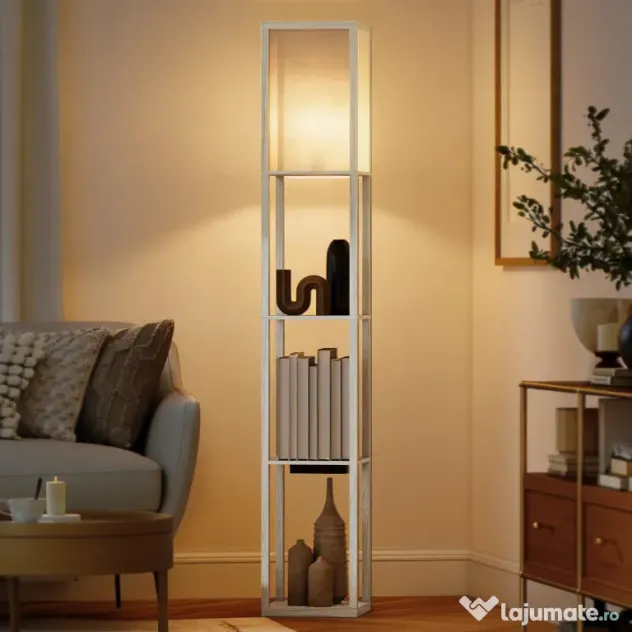 HOMCOM Lampă de Podea LED cu Rafturi, Lampă Modernă cu Comutator cu Pedală și Porturi USB, Lumină cu Culori Reglabile pentru Living și Dormitor, Stejar | Aosom Romania