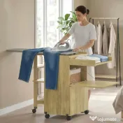 HOMCOM Dulap Masă de Călcat Rabatabilă cu Roți și Suport pentru Fier de Călcat, Dulap Multifuncțional cu Rafturi, Compartiment Deschis, pentru Spălătorie, Baie, 154x55x87 cm, Lemn Natural | Aosom Romania 