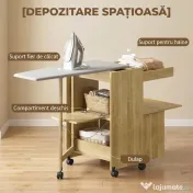 HOMCOM Dulap Masă de Călcat Rabatabilă cu Roți și Suport pentru Fier de Călcat, Dulap Multifuncțional cu Rafturi, Compartiment Deschis, pentru Spălătorie, Baie, 154x55x87 cm, Lemn Natural | Aosom Romania 