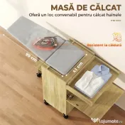 HOMCOM Dulap Masă de Călcat Rabatabilă cu Roți și Suport pentru Fier de Călcat, Dulap Multifuncțional cu Rafturi, Compartiment Deschis, pentru Spălătorie, Baie, 154x55x87 cm, Lemn Natural | Aosom Romania 