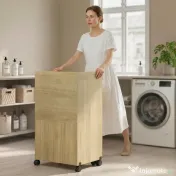 HOMCOM Dulap Masă de Călcat Rabatabilă cu Roți și Suport pentru Fier de Călcat, Dulap Multifuncțional cu Rafturi, Compartiment Deschis, pentru Spălătorie, Baie, 154x55x87 cm, Lemn Natural | Aosom Romania 