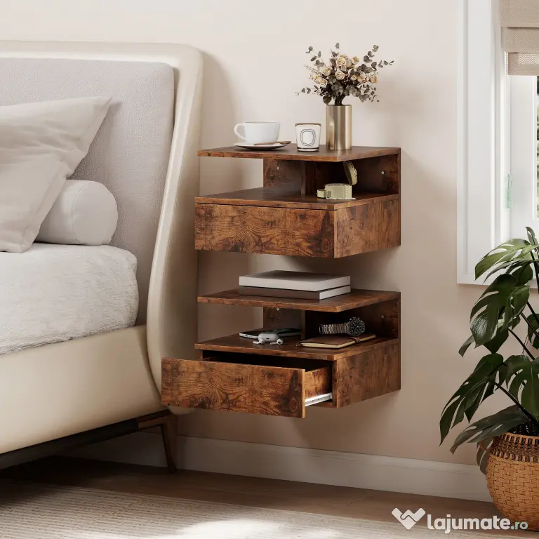 HOMCOM Set de 2 Noptiere Suspendate cu Sertar și Raft Deschis, 35x32x22.5 cm, Maro Rustic | Aosom Romania