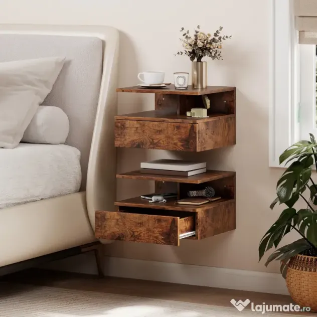 HOMCOM Set de 2 Noptiere Suspendate cu Sertar și Raft Deschis, 35x32x22.5 cm, Maro Rustic | Aosom Romania