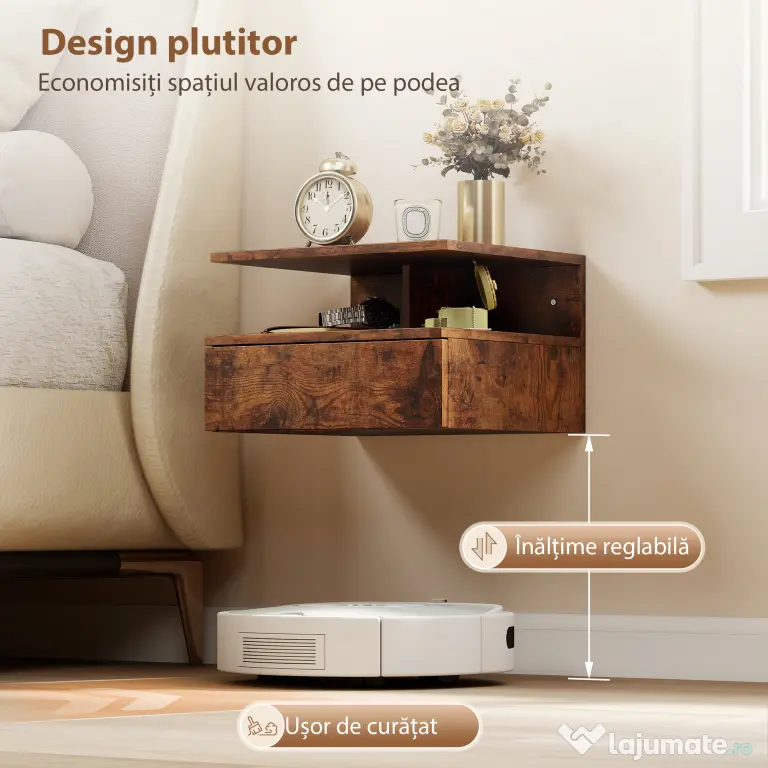 HOMCOM Set de 2 Noptiere Suspendate cu Sertar și Raft Deschis, 35x32x22.5 cm, Maro Rustic | Aosom Romania