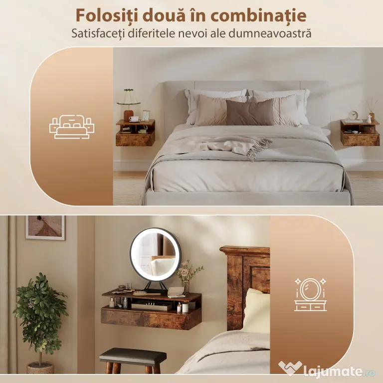 HOMCOM Set de 2 Noptiere Suspendate cu Sertar și Raft Deschis, 35x32x22.5 cm, Maro Rustic | Aosom Romania