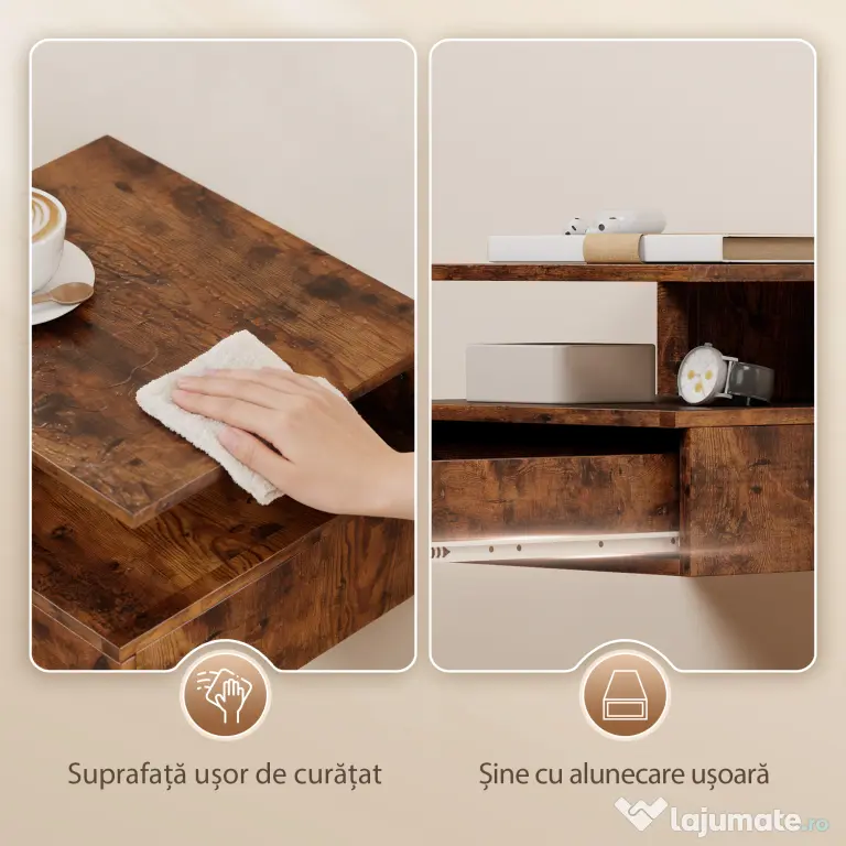 HOMCOM Set de 2 Noptiere Suspendate cu Sertar și Raft Deschis, 35x32x22.5 cm, Maro Rustic | Aosom Romania