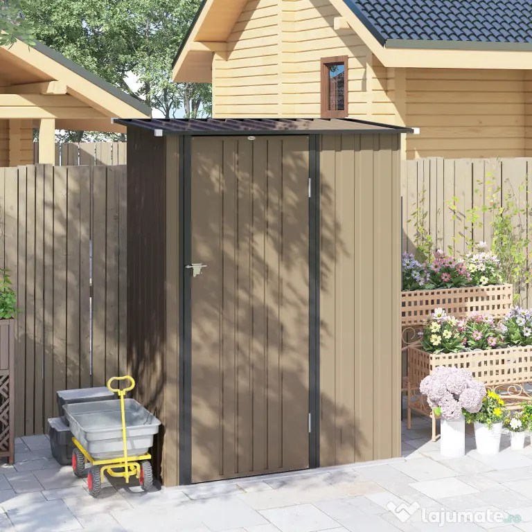 Outsunny Căsuță de Grădină 1.07m² din Oțel Zincat, Depozit pentru Unelte cu Ușă Blocabilă, Acoperiș Înclinat, 142x86x189 cm, Maro | Aosom Romania