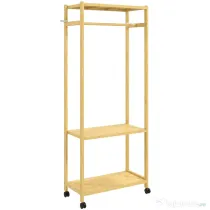 HOMCOM Cuier de Podea cu Bară și 4 Roți, Economisire Spațiu, Cuier din Bambus cu Rafturi Inferioare, pentru Dormitor, Hol, 70x35x175 cm, Lemn Natural | Aosom Romania