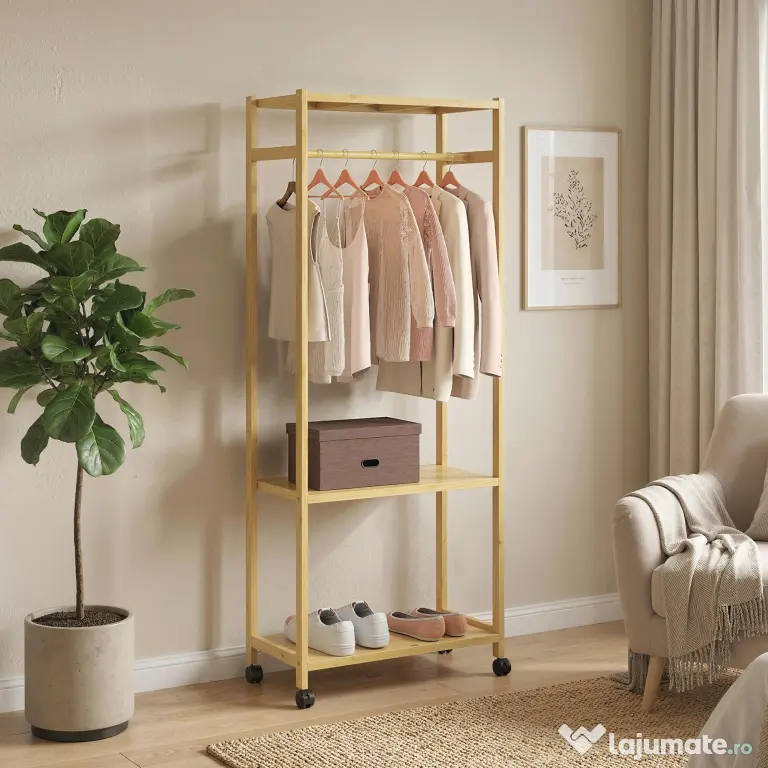 HOMCOM Cuier de Podea cu Bară și 4 Roți, Economisire Spațiu, Cuier din Bambus cu Rafturi Inferioare, pentru Dormitor, Hol, 70x35x175 cm, Lemn Natural | Aosom Romania