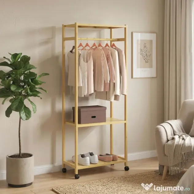 HOMCOM Cuier de Podea cu Bară și 4 Roți, Economisire Spațiu, Cuier din Bambus cu Rafturi Inferioare, pentru Dormitor, Hol, 70x35x175 cm, Lemn Natural | Aosom Romania