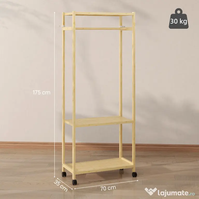 HOMCOM Cuier de Podea cu Bară și 4 Roți, Economisire Spațiu, Cuier din Bambus cu Rafturi Inferioare, pentru Dormitor, Hol, 70x35x175 cm, Lemn Natural | Aosom Romania