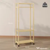 HOMCOM Cuier de Podea cu Bară și 4 Roți, Economisire Spațiu, Cuier din Bambus cu Rafturi Inferioare, pentru Dormitor, Hol, 70x35x175 cm, Lemn Natural | Aosom Romania 