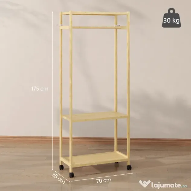 HOMCOM Cuier de Podea cu Bară și 4 Roți, Economisire Spațiu, Cuier din Bambus cu Rafturi Inferioare, pentru Dormitor, Hol, 70x35x175 cm, Lemn Natural | Aosom Romania