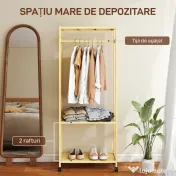 HOMCOM Cuier de Podea cu Bară și 4 Roți, Economisire Spațiu, Cuier din Bambus cu Rafturi Inferioare, pentru Dormitor, Hol, 70x35x175 cm, Lemn Natural | Aosom Romania 