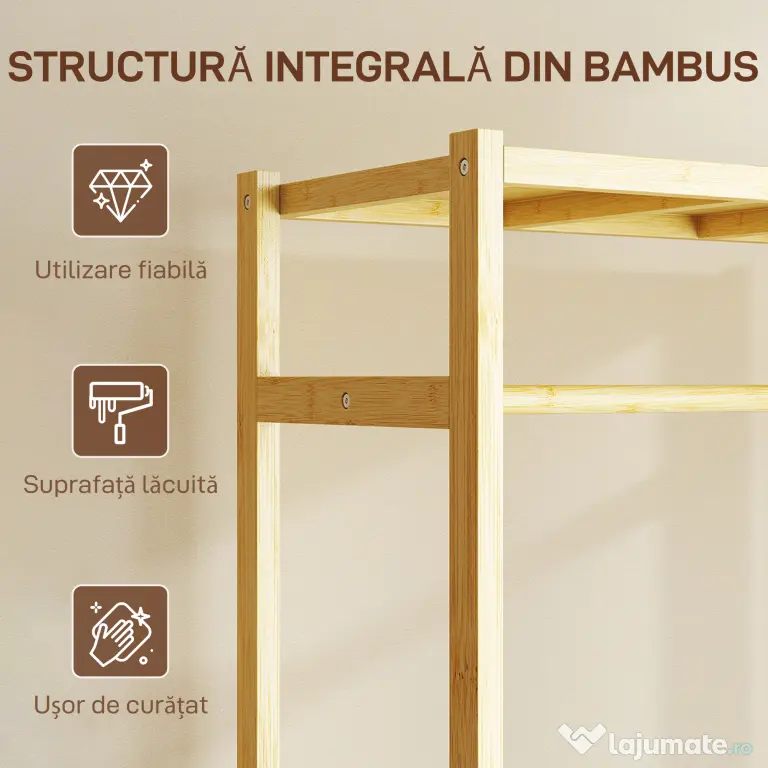 HOMCOM Cuier de Podea cu Bară și 4 Roți, Economisire Spațiu, Cuier din Bambus cu Rafturi Inferioare, pentru Dormitor, Hol, 70x35x175 cm, Lemn Natural | Aosom Romania