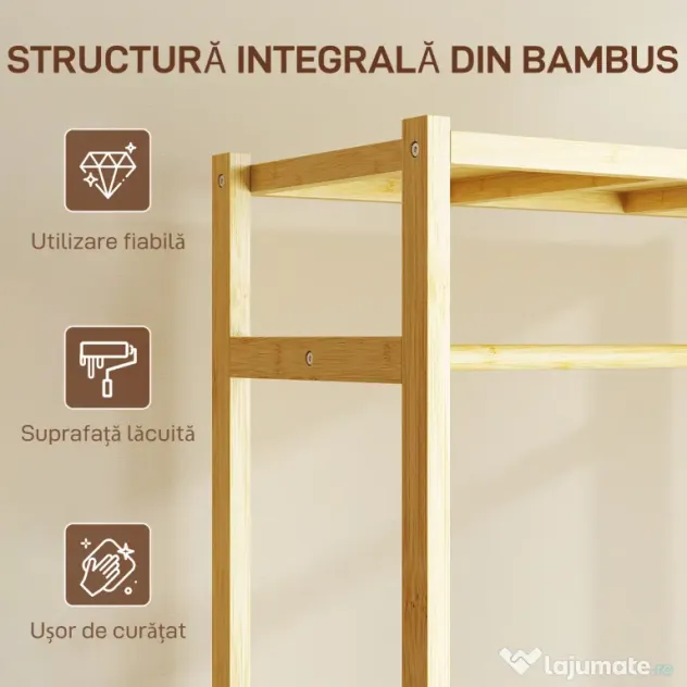 HOMCOM Cuier de Podea cu Bară și 4 Roți, Economisire Spațiu, Cuier din Bambus cu Rafturi Inferioare, pentru Dormitor, Hol, 70x35x175 cm, Lemn Natural | Aosom Romania