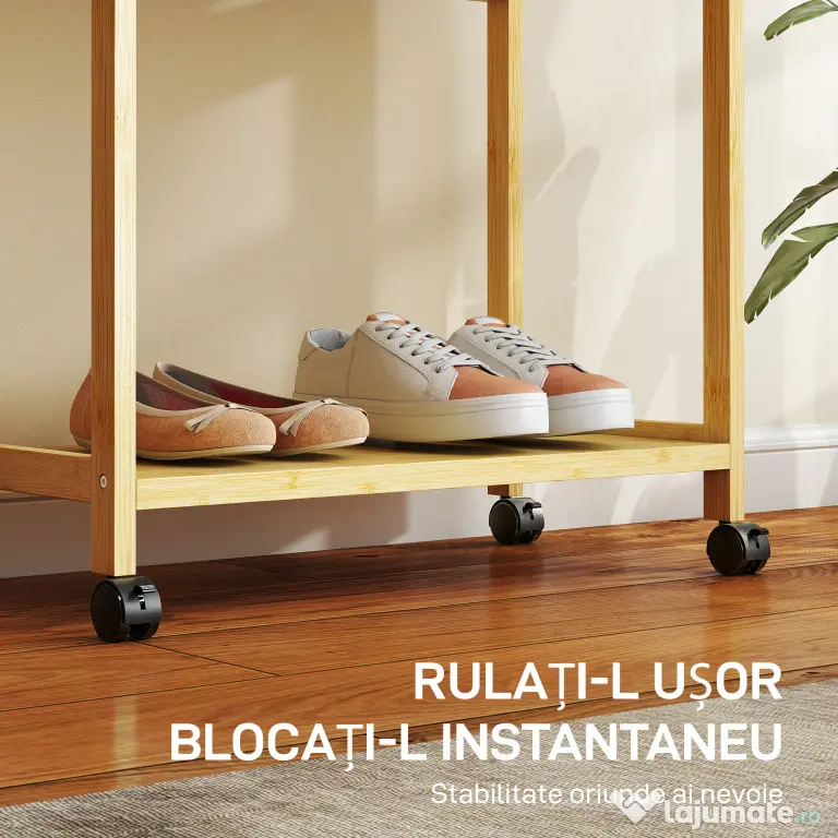 HOMCOM Cuier de Podea cu Bară și 4 Roți, Economisire Spațiu, Cuier din Bambus cu Rafturi Inferioare, pentru Dormitor, Hol, 70x35x175 cm, Lemn Natural | Aosom Romania