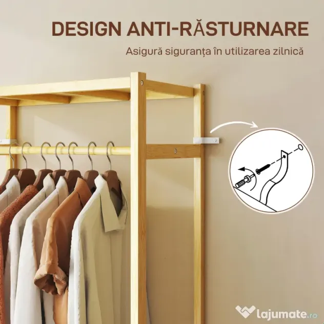 HOMCOM Cuier de Podea cu Bară și 4 Roți, Economisire Spațiu, Cuier din Bambus cu Rafturi Inferioare, pentru Dormitor, Hol, 70x35x175 cm, Lemn Natural | Aosom Romania