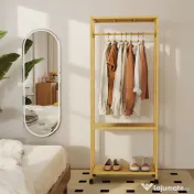 HOMCOM Cuier de Podea cu Bară și 4 Roți, Economisire Spațiu, Cuier din Bambus cu Rafturi Inferioare, pentru Dormitor, Hol, 70x35x175 cm, Lemn Natural | Aosom Romania 