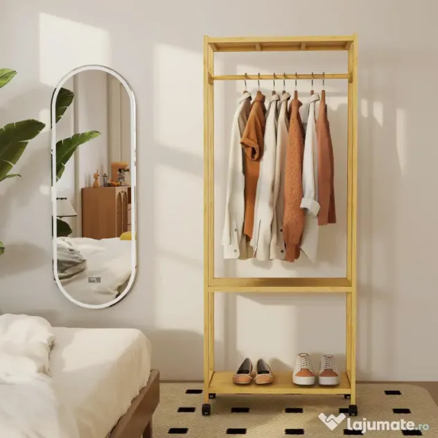 HOMCOM Cuier de Podea cu Bară și 4 Roți, Economisire Spațiu, Cuier din Bambus cu Rafturi Inferioare, pentru Dormitor, Hol, 70x35x175 cm, Lemn Natural | Aosom Romania