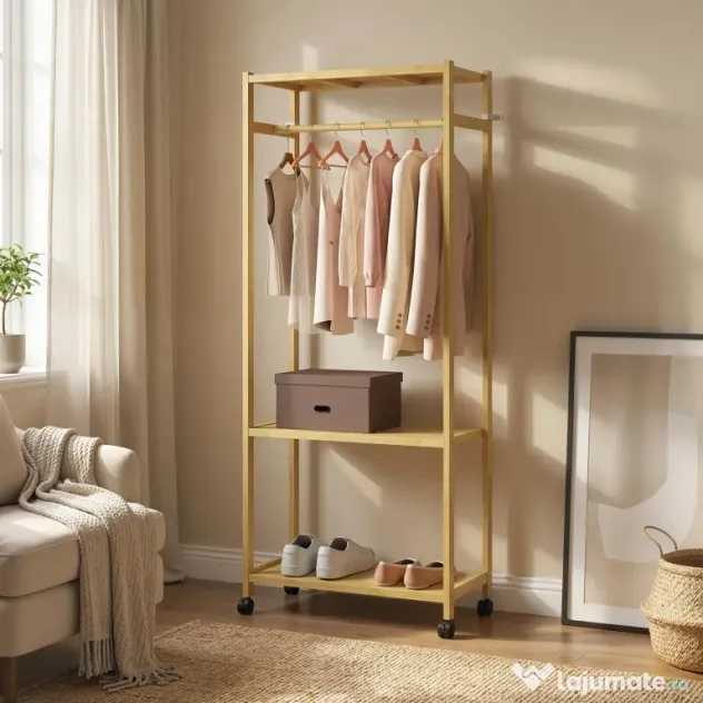 HOMCOM Cuier de Podea cu Bară și 4 Roți, Economisire Spațiu, Cuier din Bambus cu Rafturi Inferioare, pentru Dormitor, Hol, 70x35x175 cm, Lemn Natural | Aosom Romania