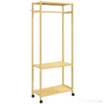 HOMCOM Suport de haine din bambus, cu bară, rafturi și 4 roți, 70x35x175 cm, lemn natural