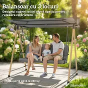 Outsunny Balansoar de Grădină cu 3 Locuri, cu Copertină Reglabilă Impermeabilă și Pernă Detașabilă, Capacitate Maximă 360 kg, 208 x 125 x 180 cm, Gri | Aosom Romania 