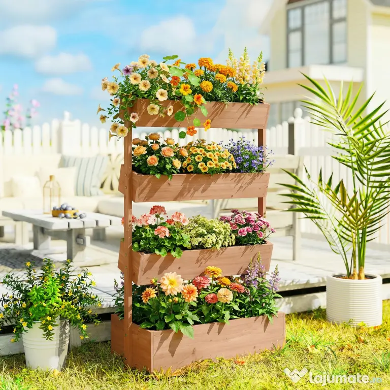 Outsunny Jardinieră Verticală înălțată pe 4 Niveluri, din Lemn pentru Exterior, cu Orificii de Drenaj și Căptușeală Textilă, pentru Plante Aromatice, Flori și Legume, 85x45x140 cm, Maro | Aosom Romania