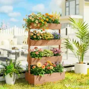 Outsunny Jardinieră Verticală înălțată pe 4 Niveluri, din Lemn pentru Exterior, cu Orificii de Drenaj și Căptușeală Textilă, pentru Plante Aromatice, Flori și Legume, 85x45x140 cm, Maro | Aosom Romania