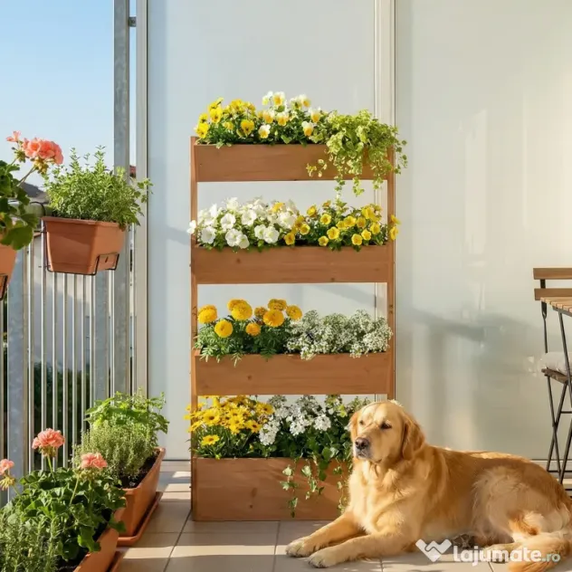 Outsunny Jardinieră Verticală înălțată pe 4 Niveluri, din Lemn pentru Exterior, cu Orificii de Drenaj și Căptușeală Textilă, pentru Plante Aromatice, Flori și Legume, 85x45x140 cm, Maro | Aosom Romania