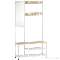 HOMCOM 4-în-1: Bancă de Hol cu Oglindă, Suport Haine, Finisaj Lemn Natural. | Aosom Romania