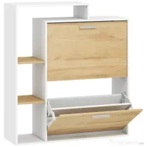 HOMCOM Dulap Slim pentru Pantofi cu 2 Sertare Rabatabile, Dulap Intrare cu Rafturi Reglabile, 3 Rafturi Deschise, Spațiu pentru 8 Perechi de Pantofi, Alb și Lemn Natural, 80x26x90 cm